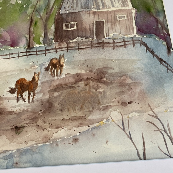 Original watercolour painting, horses in field, white mat included - Picture 3 of 4